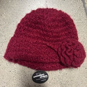Burgundy Knit Hat with Floral Detail